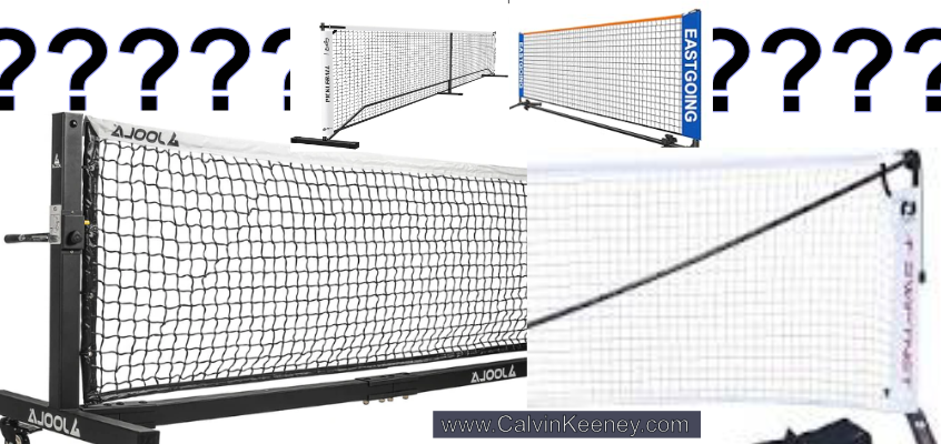 4 Different Portable Pickleball Nets with Question Marks in the Background.